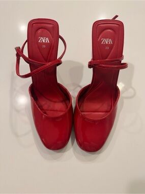 ZARA Red Patent Square-Toe Ankle-Strap Heels